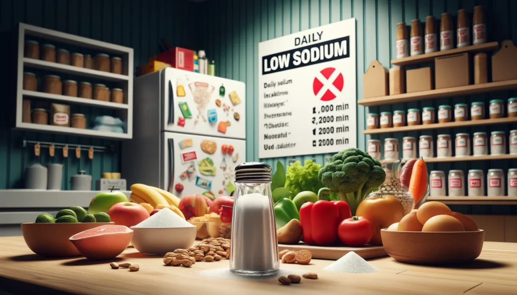 A wide image visualizing the concept of a low sodium diet. The scene shows a kitchen counter filled with various low na diet foods like fresh fruits, v (2) (1)