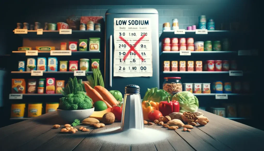 A wide image visualizing the concept of a low sodium diet. The scene shows a kitchen counter filled with various low sodium diet foods like fresh fruits,