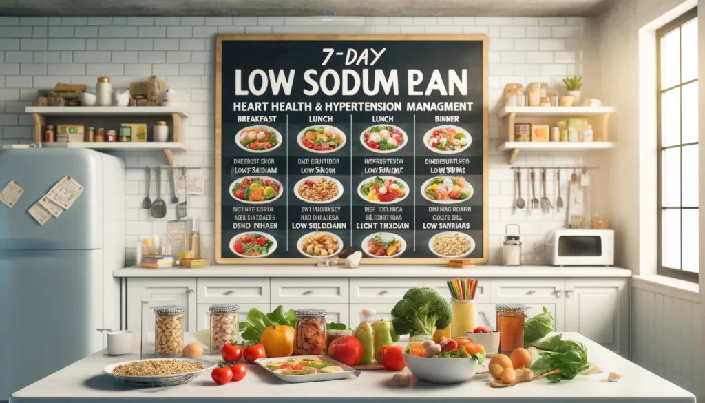 An image depicting a 7-day low sodium diet plan for heart health and hypertension management. The scene is set in a bright, modern kitchen with a 