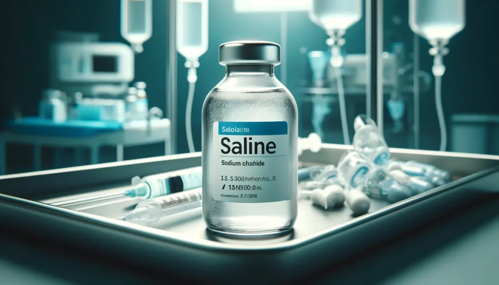 A sterile vial of saline solution, prominently labeled as containing sodium chloride, resting on a medical tray. The scene includes medical equipment for sodium chloride injection use and price